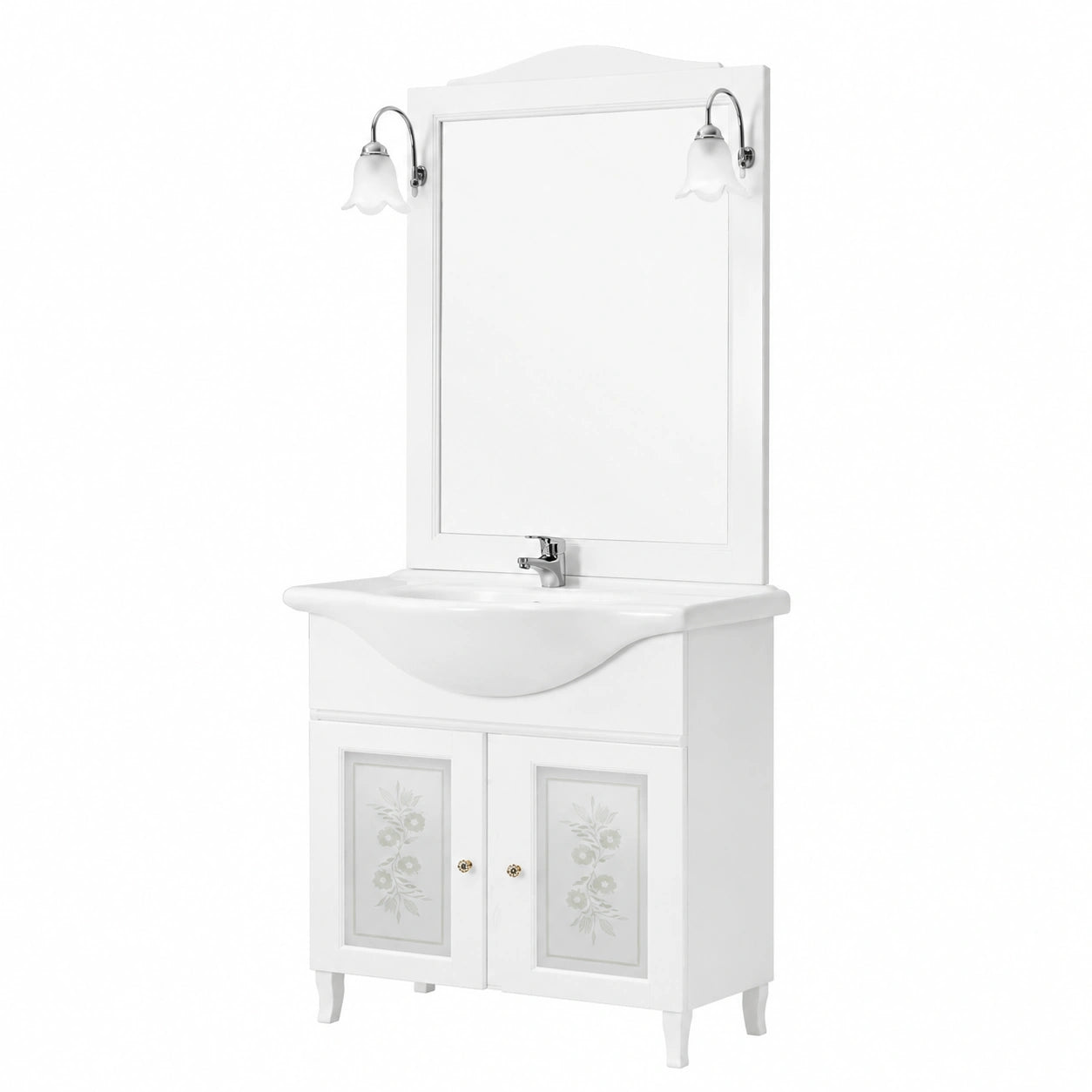 Set Bagno Moderno 75 cm con Mobile Bianco, Lavabo in Ceramica e Specchio