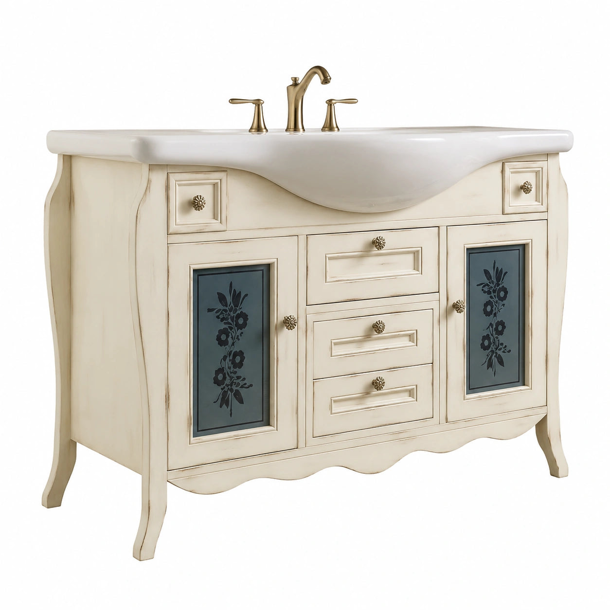 Mobile Bagno 105 cm Bianco con Lavabo in Ceramica e Specchio Artigianale Avorio Decapè