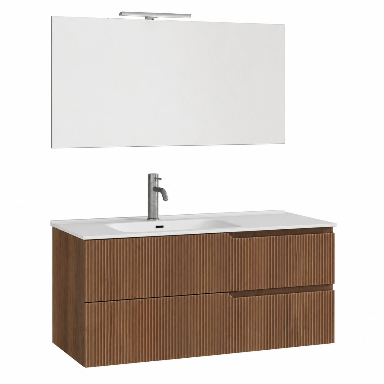 Mobile bagno sospeso con lavabo integrato, finitura in rovere e MDF cannettato, due cassetti scorrevoli - 121x46,5x190 cm