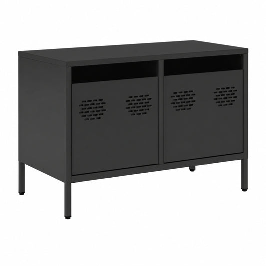 Mobile TV industriale nero, 68x39x43,5 cm, acciaio laminato, con 2 cassetti, per salotto e camera