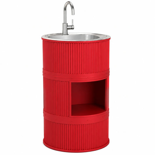 Lavabo a Colonna Industriale in Acciaio Inox con Rubinetto Rosso