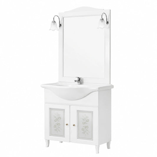 Set Bagno Moderno 75 cm con Mobile Bianco, Lavabo in Ceramica e Specchio