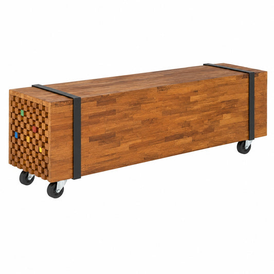 Mobile TV in Teak Massiccio, Stile Industriale, 110x30x32,5 cm, con Ruote e Piano Robusto