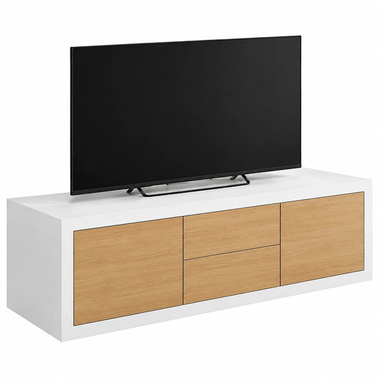 Mobile TV Moderno in Legno Bianco e Rovere Naturale con Cassetti e Ante - Design Italiano