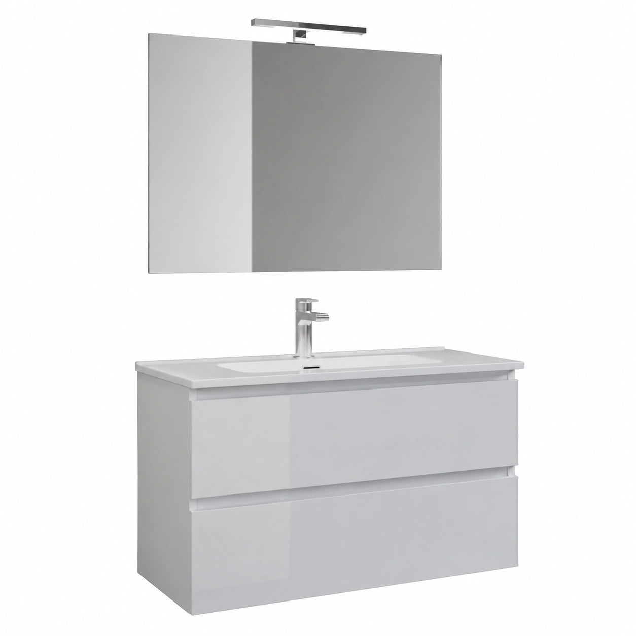 Mobile Bagno Sospeso con Lavabo, Specchio e Lampada LED, Finitura Bianco Lucido, Dimensioni 81x47x53 cm