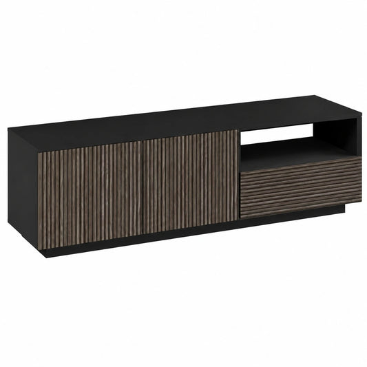 Mobile TV Stile Canneté con Ante e Cassetto, 150 cm, Antracite e Legno Scuro