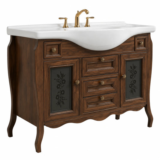 Mobile Bagno 105 cm Bianco con Lavabo in Ceramica e Specchio Noce Antico, Cassetti Multipli