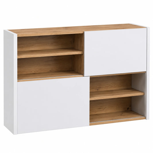 Armadio Multiuso con Ante Scorrevoli per Ufficio e Casa, 140x84,5x35,4 cm, Bianco e Rovere