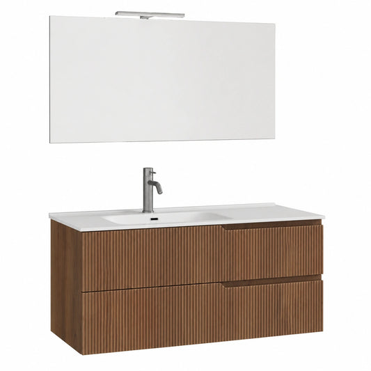 Mobile bagno sospeso con lavabo integrato, finitura in rovere e MDF cannettato, due cassetti scorrevoli - 121x46,5x190 cm