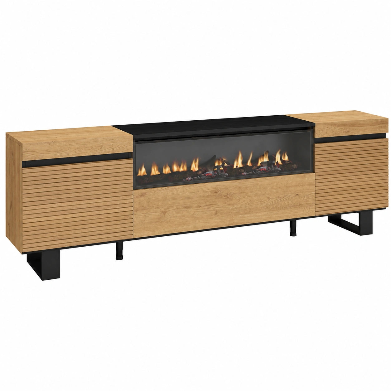 Mobile Porta TV con Camino Elettrico 200cm, Design Industriale Moderno in Rovere
