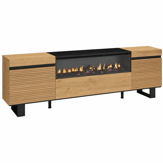 Mobile Porta TV con Camino Elettrico 200cm, Design Industriale Moderno in Rovere